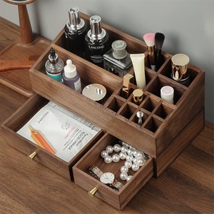 Gepersonaliseerde grote make-up opbergdoos, houten cosmetische opbergdoos, aanrecht cosmetische opberger, schoonheidsproducten, houten opberger voor dames