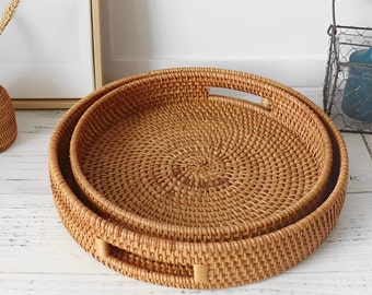 Hand Woven Baskets,Handwoven Rattan Tray, Round Tray with Handle, Knitted Basket Breat Food Fruit Plate, Cake Platter, Serving Tray