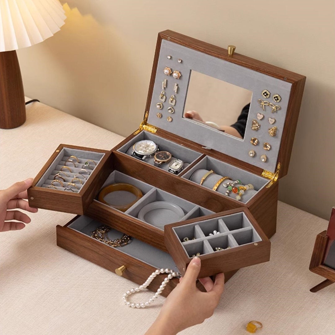 Custom Wood Jewelry Box, Pull Out Drawers With Glass Jewellery Box Case Storage, Earring