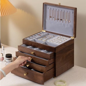 Luxury Solid Walnut Wood 5 Layer Jewelry Box, Large Jewelry Box Case Storage, Earring Bracelet Necklace Ring Watch Organizer, Gift For Her image 3
