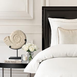 Può includere: Un fossile di ammonite bianco su un supporto nero, con fiori bianchi in un vaso di vetro su un tavolino nero con un libro intitolato "Pacific Natural" sopra. Il tavolino è accanto a un letto bianco con un piumone e cuscini bianchi.