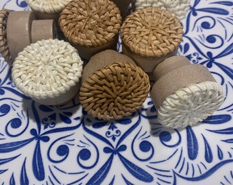 Rattan knobs, round wood and rattan handles, wicker furniture knobs
