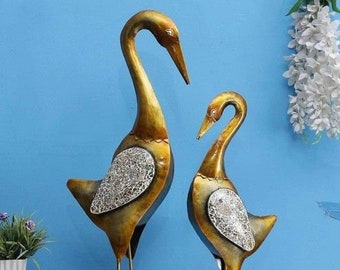 Set of 2 Golden Antique Swan and Baby Swan Mosaic Table Decor - Perfect Showpiece for Home and Office - Best Gift Ideas - Handcrafted Indian