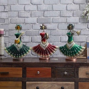 Set of 3 Kalbelia Band Metallic Showpieces - Multicolor Table Decor Figurines for Home, Hotel, and Office - Authentic Indian Handicraft