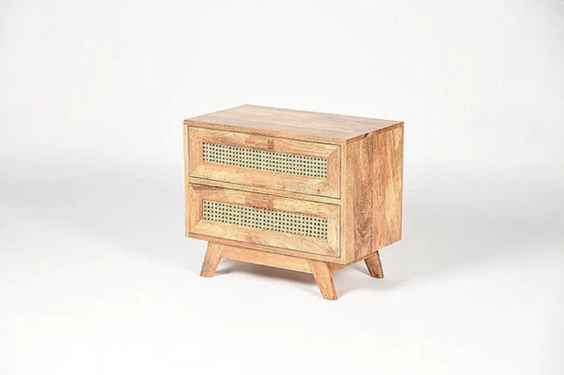 Prithvi Solid Wood Rattan Nightstand Table, Cane 2 Drawers Bedside Table for Bedroom, Home