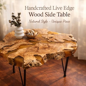 Handmade Olive Wood Side Table, Luxury Gold Epoxy Resin Inlay, Natural Log Accent Nightstand