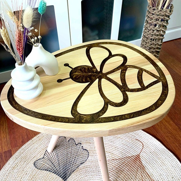 Wooden Coffee Table With Epoxy Bee - Hand Made Wood Coffee Table, Bee Patterned Epoxy Coffee Table, Natural Wood Side Table