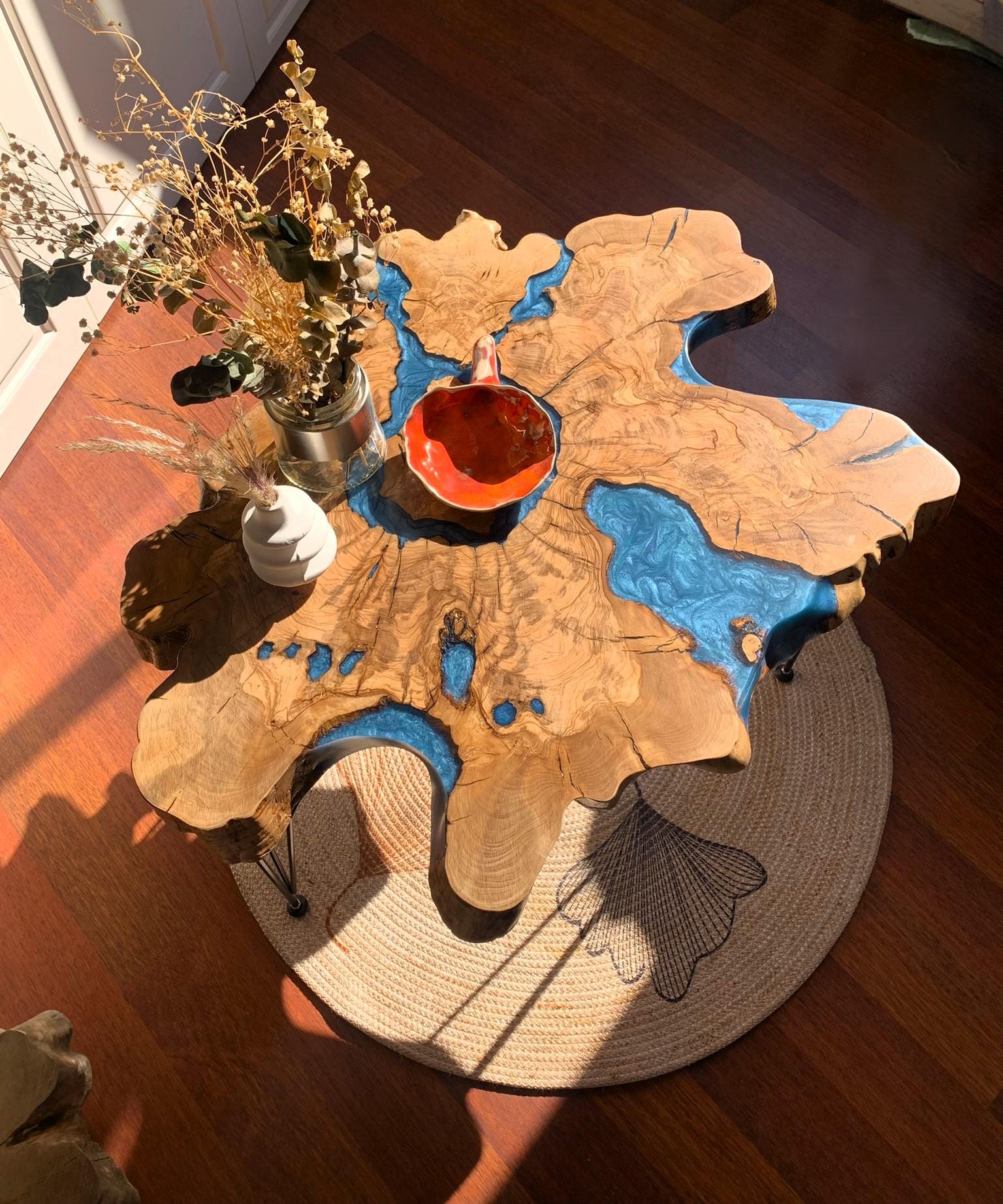 Live Edge Olive Wood Coffee Table - Handmade Olive Wood With Turqouise Epoxy Resin, Unique Handmade Natural Wood Furniture, Resin Side Table