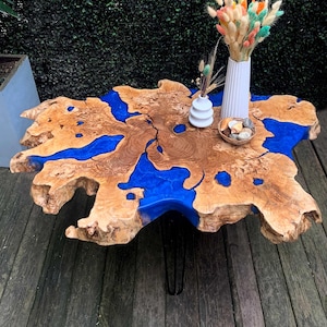 Handmade Live Edge Olive Wood Coffee Table: Blue Epoxy Resin River Table