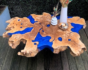 Live Edge Olive Wood River Resin Coffee Table, Large Epoxy Coffee Table, Natural Wood Resin Side Table, Handmade Resin Art, Blue Epoxy Table