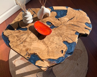 Handmade Olive Wood Side Table: Blue Epoxy Accent Coffee Table