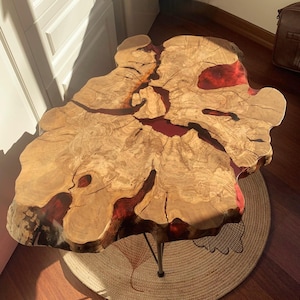 Live Edge Olive Wood Coffee Table: Pink Epoxy Resin, Metal Legs, Opaque Epoxy