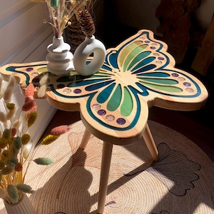 Hand Carved Wood Butterfly Coffee Table With Green Epoxy - Natural Reclaimed Wood Side Table, Colorful Coffee Table, Handmade Wood Furniture