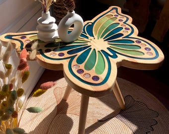Hand Carved Wood Butterfly Coffee Table With Green Epoxy - Natural Reclaimed Wood Side Table, Colorful Coffee Table, Handmade Wood Furniture
