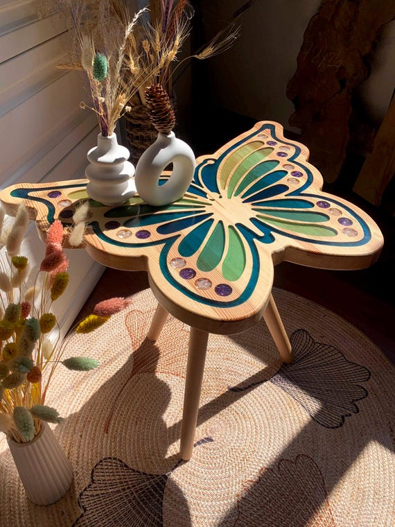 Handmade Wood Butterfly Coffee Table: Reclaimed Wood & Green Epoxy