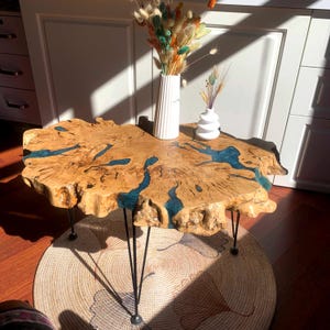 Live Edge Olive Wood Coffee Table: Blue Epoxy Resin, Handmade