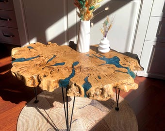 Unique Olive Wood Table With Blue Epoxy - Live Edge Olive Wood Coffee Table, Handmade Olive Wood, Resin Side Table, Natural Wood Furniture