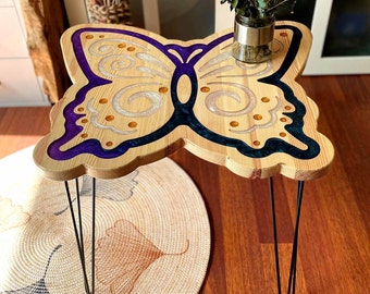 Wood Butterfly Coffee Table: Handmade Pine & Resin Side Table