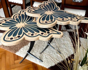Handmade Nested Side Tables: Blue Epoxy Butterfly Design