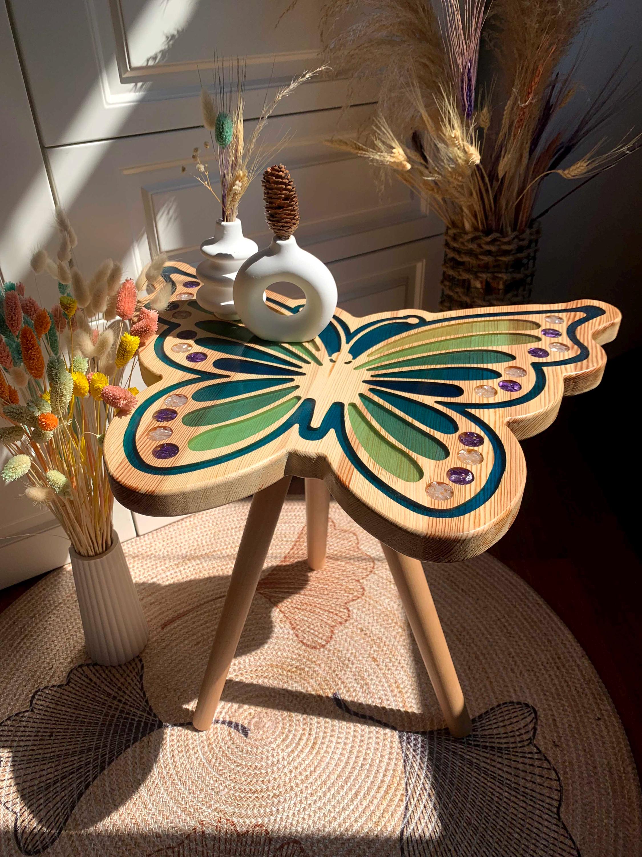 Handmade Wood Butterfly Coffee Table: Reclaimed Wood & Green Epoxy