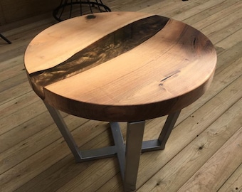 Handmade Walnut Wood Side Table: Brown Epoxy Resin Art
