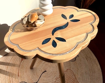 Elegant Wood Coffee Table with Floral Epoxy - Solid Pine Tree Side Table, Handcrafted Nature-Inspired Home Decor, Unique Art Wood End Table