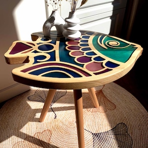 Handmade Wooden Resin Fish Figure Coffee Table - Wood Slab Fish Shaped ...