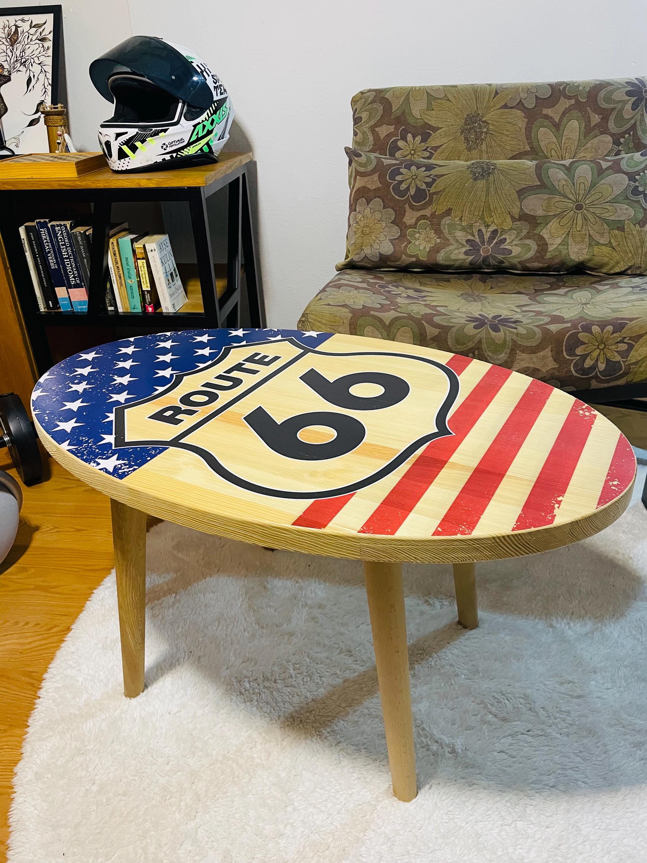 Handmade Route 66 Wooden Coffee Table - American Flag Rustic Table, Man Cave Home Decor, Mens Room Decor, Boyfriend Gift, Cozy Style Vintge