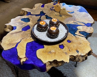 READY TO SHIP-One Of A Kind Epoxy Coffee Table, Live Edge Olive Wood Resin Side Table, Unique Wooden Blue & Purple River Epoxy Coffee Table