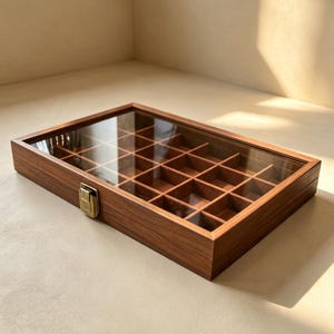 May include: A rectangular wooden display case with a clear glass lid and a brass-colored metal latch. The interior features a grid of multiple square compartments lined with a brown textured material, designed for organizing small items.