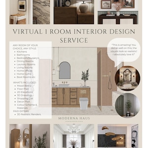 Servicio de diseño de interiores virtual: diseño personalizado de una habitación: paneles de inspiración, planos de planta, dibujos en 3D, lista de compras, acabados de pintura y materiales.