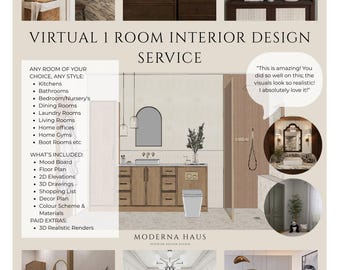 Virtual Interior Design Service - Custom 1 Room Design  - Mood Boards, Floor Planning, 3D Drawings, Shopping List, Paint & Material Finishes