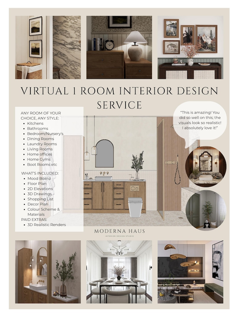 Virtual Interior Design Service - Custom 1 Room Design - Mood Boards, Floor Planning, 3D Drawings, Shopping List, Paint & Material Finishes image 1