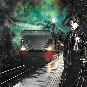 Impressão direta de edição limitada em prata com acabamento de mordomo de &quot;Esperando o trem noturno&quot; (obra de arte recortada em papel) de Birger Rehse