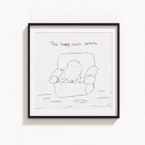 Lindo dibujo de línea de sofá patata, decoración del hogar arte de pared / póster / impresión / tarjeta, descarga digital instantánea imprimible, divertida ilustración dibujada a mano