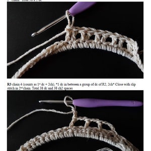 May include: Close-up of a crocheted circle with beige yarn. The instructions for the third round are visible: "R3 chain 4 (counts as 1st dc + 2ch), *1 dc in between a group of dc of R2, 2ch* Close with slip stitch in 2nd chain. Total 38 dc and 38 ch2 spaces"