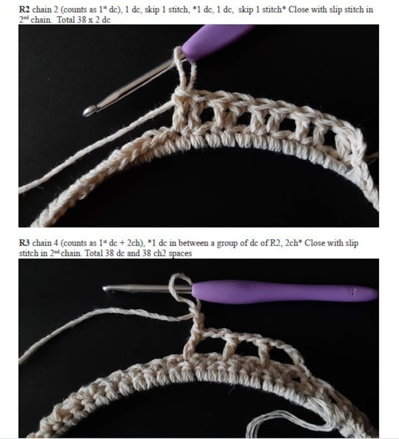 May include: Close-up of a crocheted circle with beige yarn. The instructions for the third round are visible: "R3 chain 4 (counts as 1st dc + 2ch), *1 dc in between a group of dc of R2, 2ch* Close with slip stitch in 2nd chain. Total 38 dc and 38 ch2 spaces"