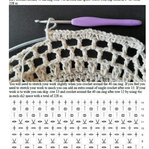 May include: Crochet pattern instructions for a round crochet project. The pattern includes a chart with symbols for single crochet, double crochet, and chain stitches. The text indicates that the project requires a 40 cm ring and a total of 228 single crochet stitches.