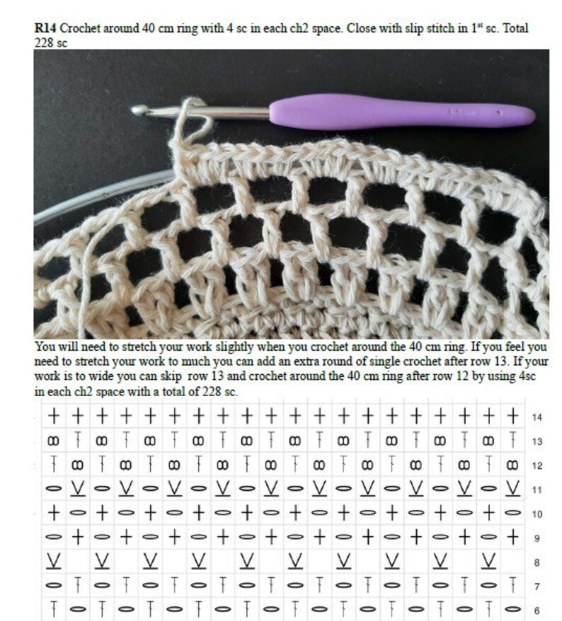 May include: Crochet pattern instructions for a round crochet project. The pattern includes a chart with symbols for single crochet, double crochet, and chain stitches. The text indicates that the project requires a 40 cm ring and a total of 228 single crochet stitches.