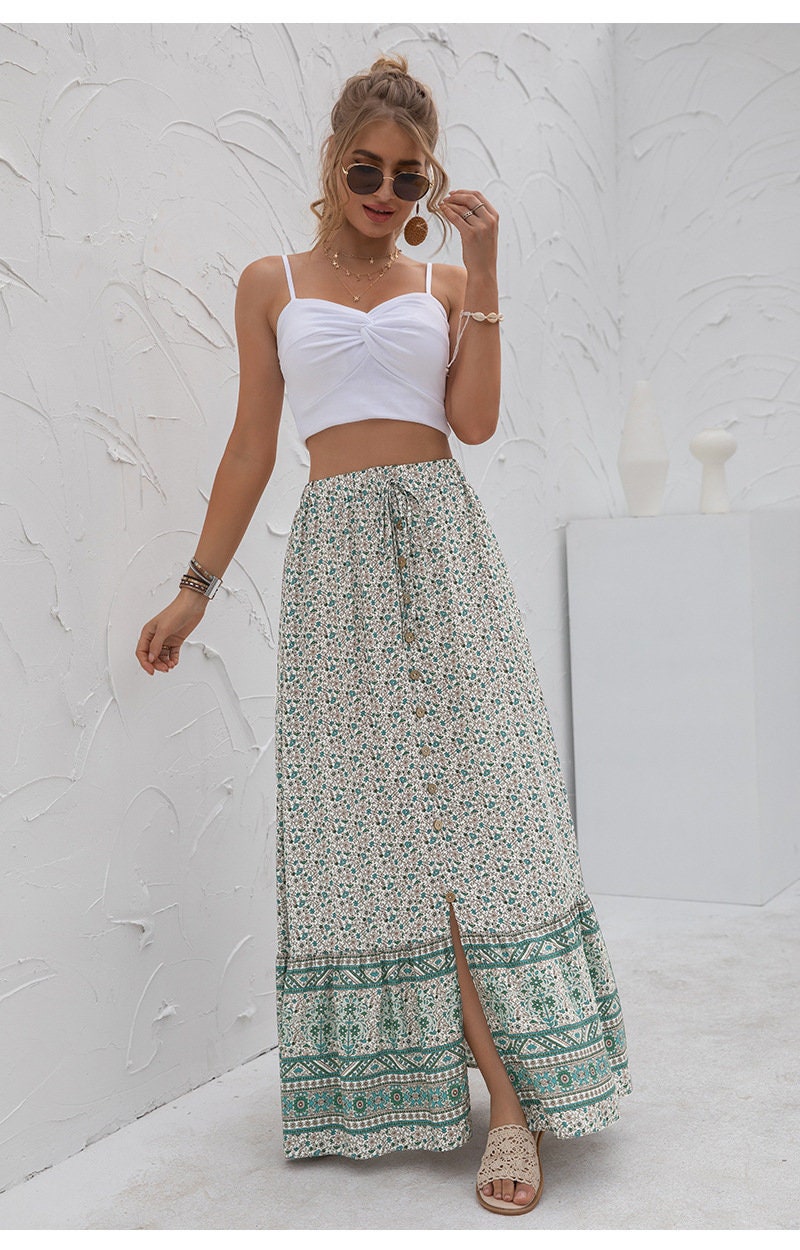 Bohemian Azteca Print Green Maxi Skirt Boho Skirt Summer - Etsy