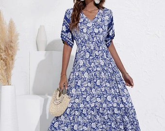 Bohemian V Neck Dress Floral Print Dress Spring/Summer 2024 | Bohemian | Boho Dress | Summer Dress | Wedding Dress | Holiday Dress |  Dress
