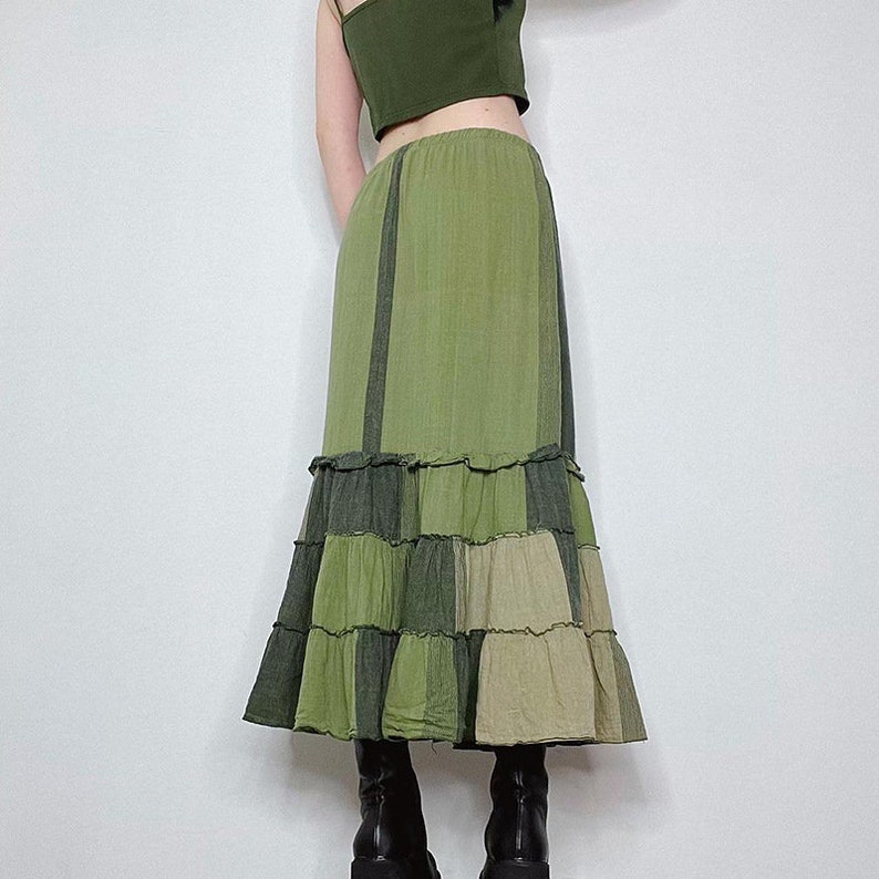 French Green Ruffled Patchwork Elastic Waist Pleated Skirts BV035 main image 1