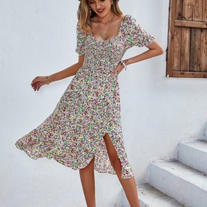 Casual Bohemian Short Sleeve High Waist Floral Dress Boho Dress Summer ...