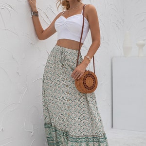 Bohemian Azteca Print Green Maxi Skirt | Boho Skirt | Summer Skirt | Fall Skirt | Beach Skirt | Vacation Skirt | Holiday Skirt