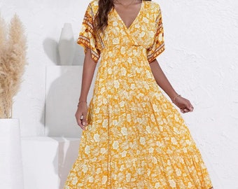 Boho V-Ausschnitt Kleid Blumendruck Kleid Frühling/Sommer 2024 | Boho | Boho Kleid | Sommerkleid | Brautkleid | Urlaub Kleid | Kleid