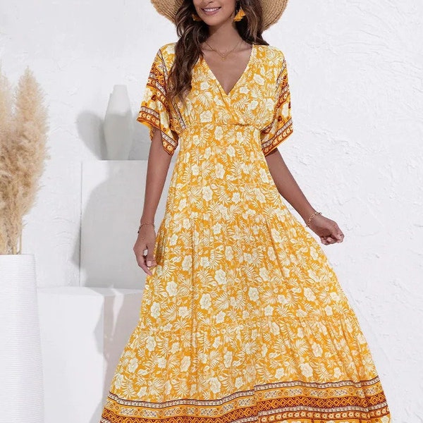 Boho V-Ausschnitt Kleid Blumendruck Kleid Frühling/Sommer 2024 | Boho | Boho Kleid | Sommerkleid | Brautkleid | Urlaub Kleid | Kleid