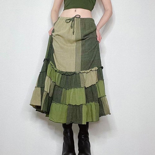 Bohemian Green Plaid Patchwork Ruffled Skirt Boho Skirt - Etsy UK