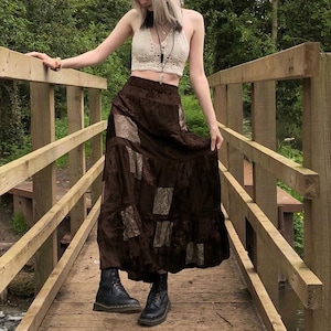 Bohemian Patchwork Pattern Brown Maxi Skirt | Boho Skirt | Summer Skirt | Holiday Skirt | Fall Skirt | Vacation Skirt | Festival Skirt