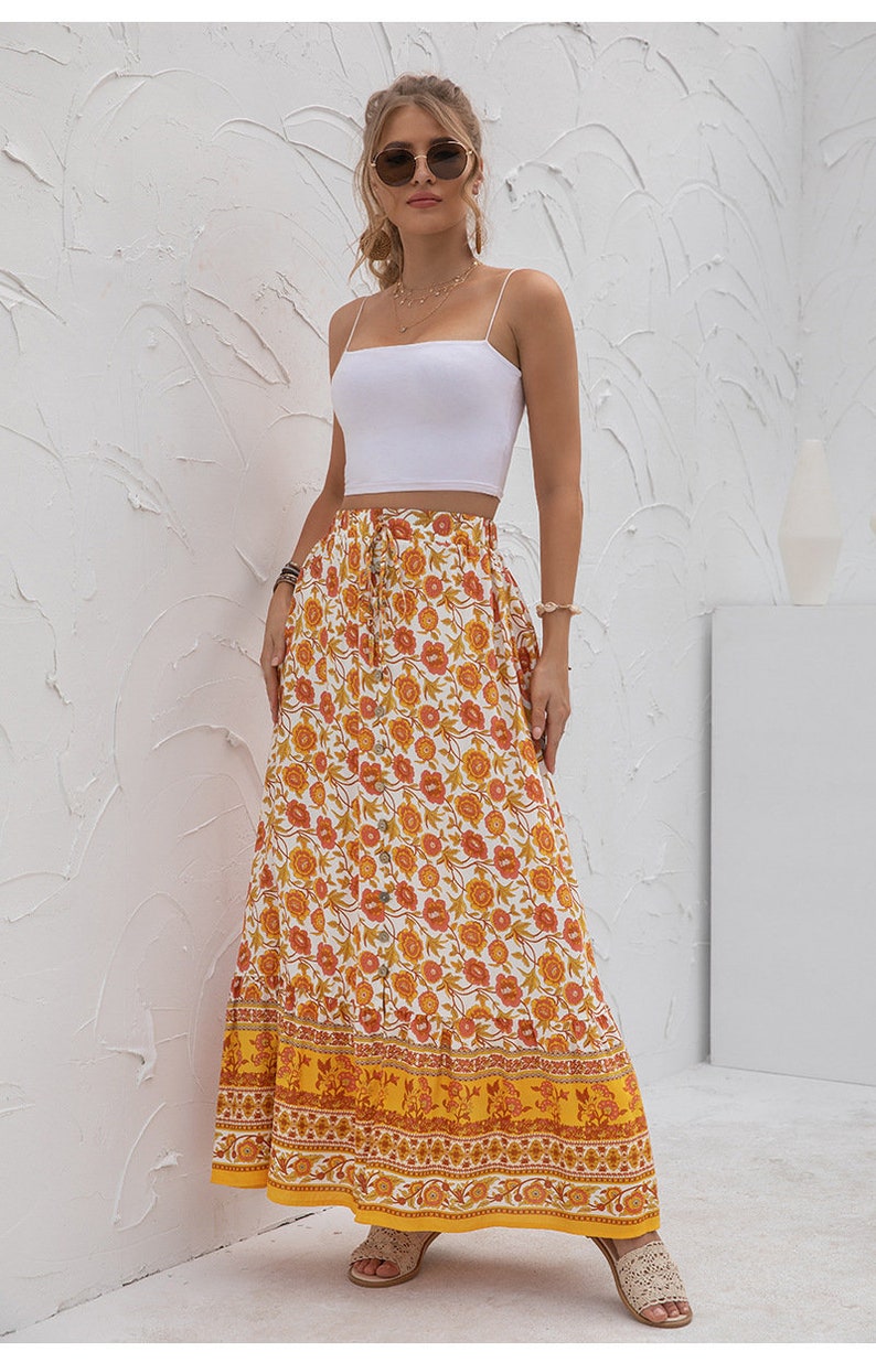 Bohemian Floral Pattern Yellow Summer Skirt Boho Skirt - Etsy