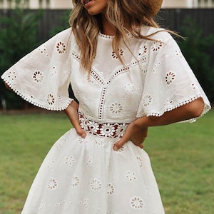 Bohemian Hollow Out Lace Floral Pattern Cotton White Dress | Bohemian Dresses | Summer Dress | Holiday Dress | Vacation Dress | Fall Dress